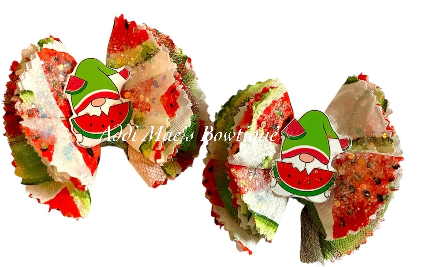 Watermelon Gnome Cotton Frayed Fabric Flower Piggy Set