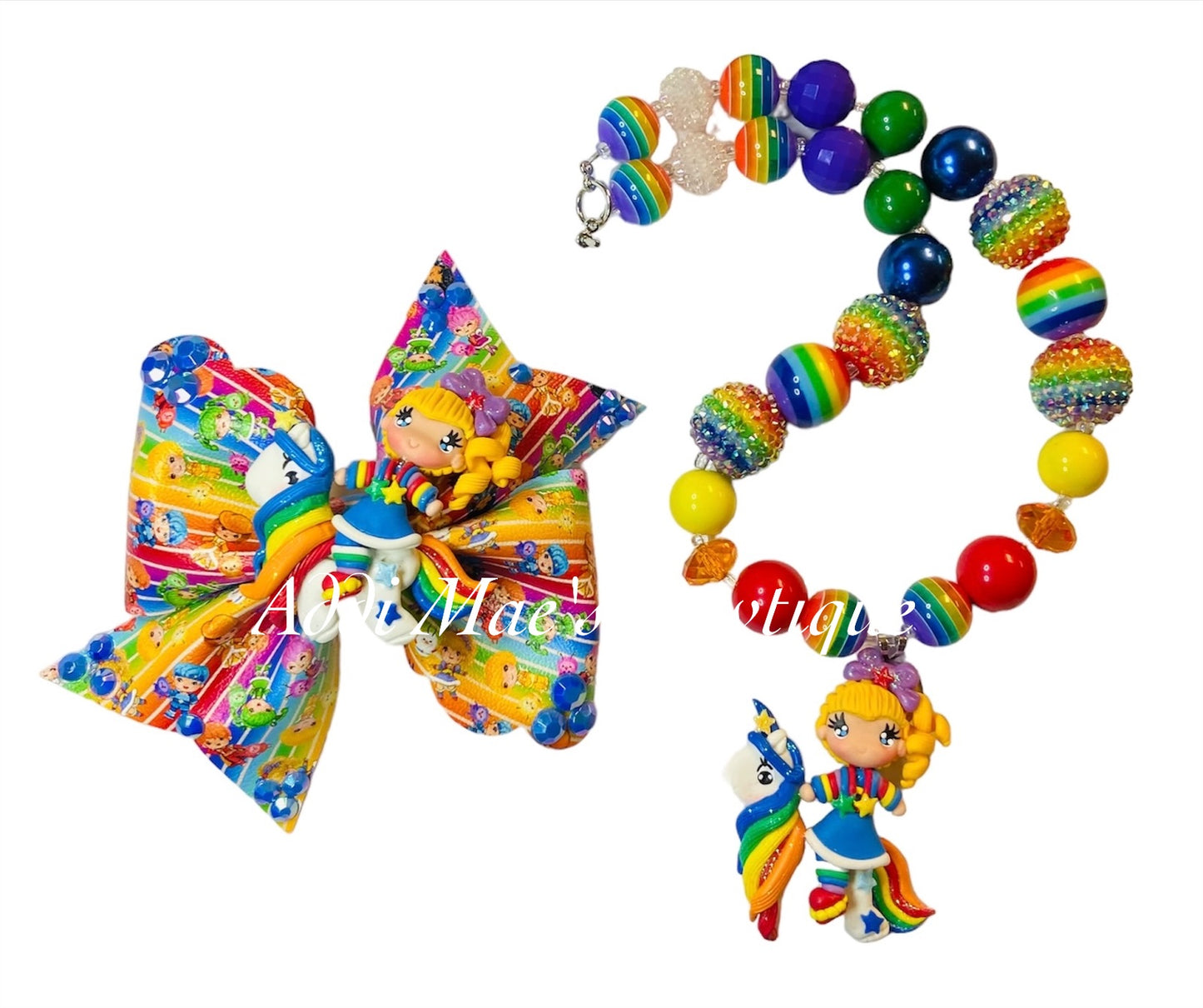 Rainbow Girl Rainbow Bow Necklace Set