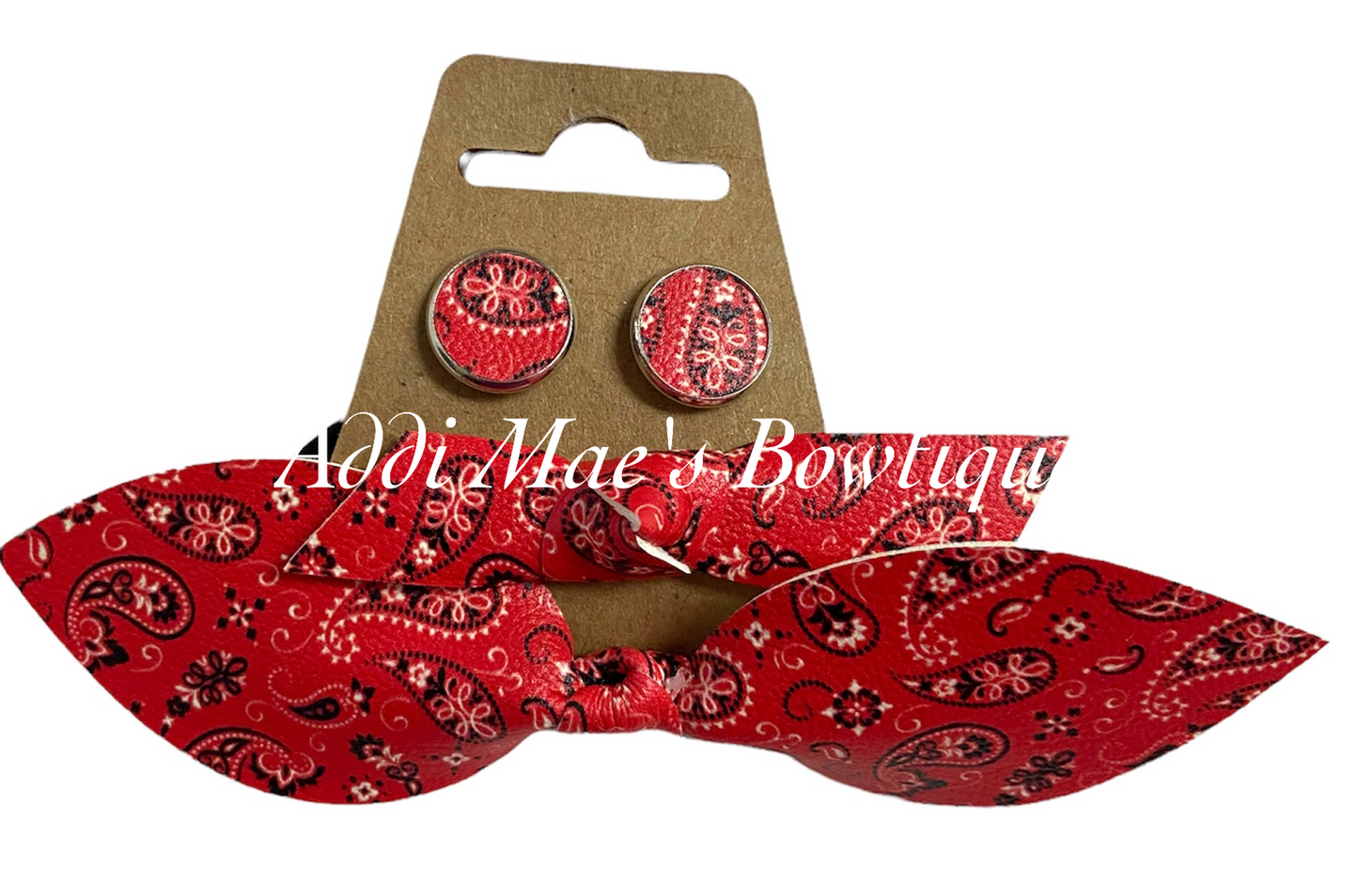 Red Bandanna Top Knot Pony, Earring Set