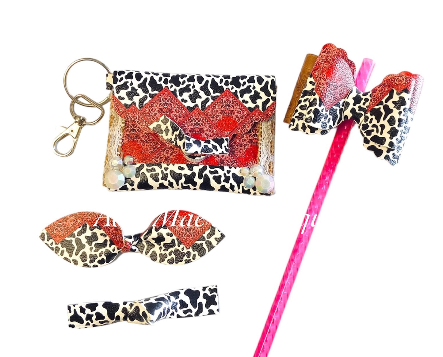 Western Bandanna Cow Mommy Set,Coin Purse, Knotted Clips,Straw Topper