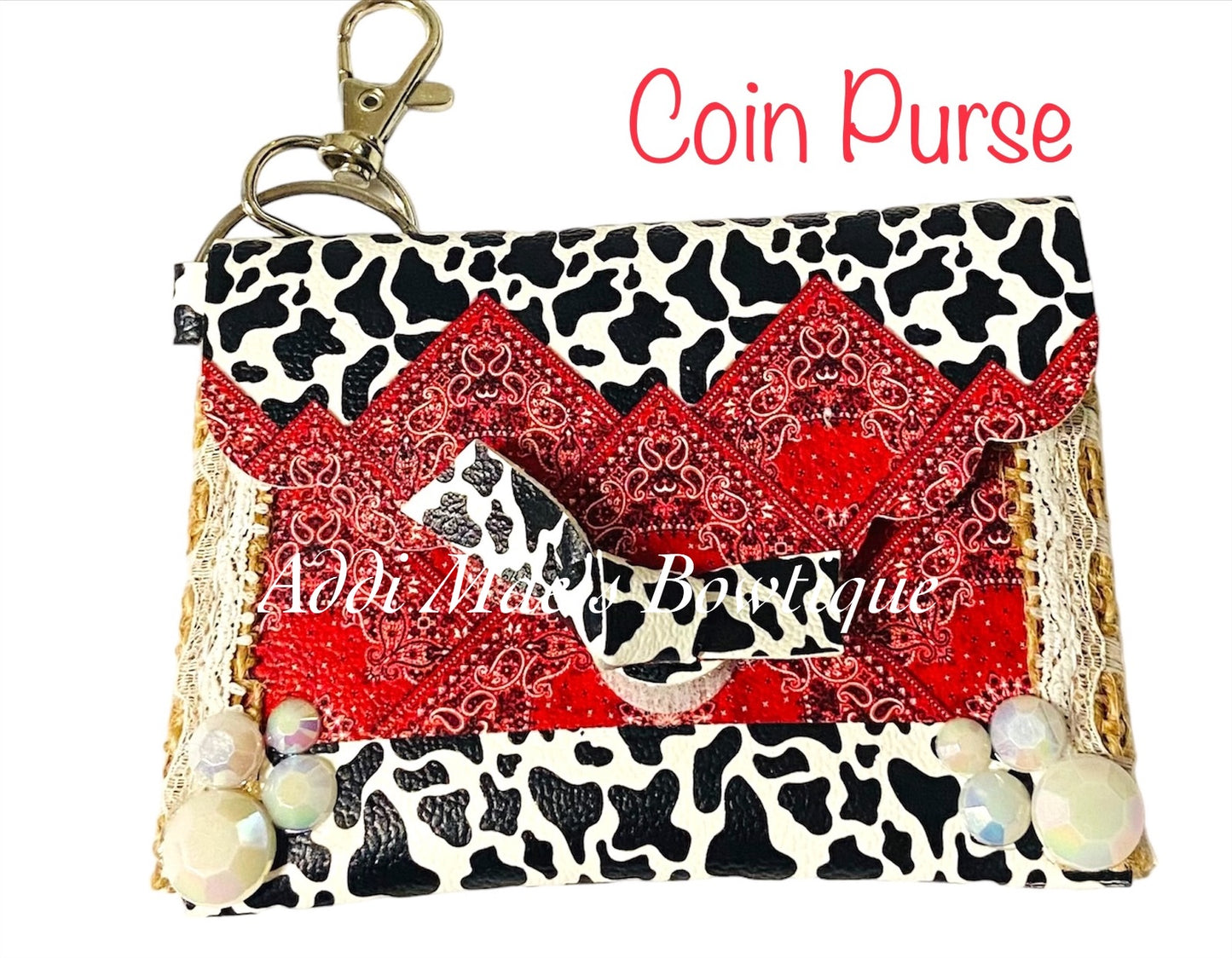 Western Bandanna Cow Mommy Set,Coin Purse, Knotted Clips,Straw Topper