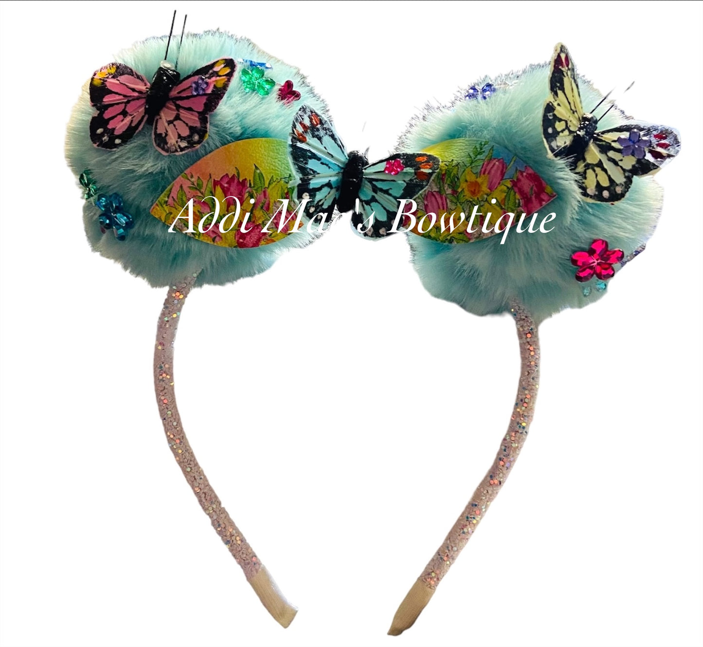 Butterfly Garden Spring Top Knot Pom Pom Glitter Headband