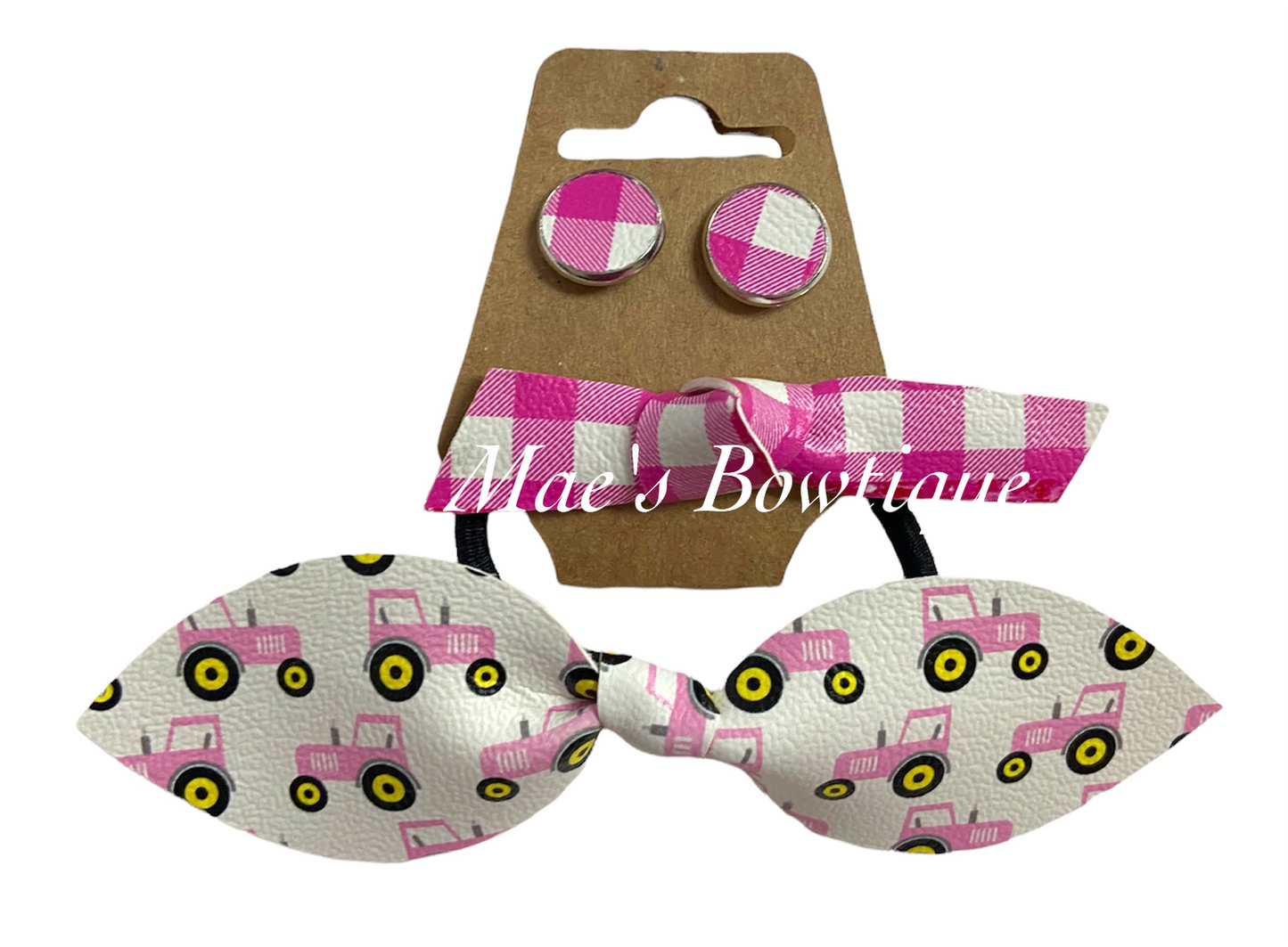Pink Tractor Top Knot Pony, Knot Clip, Earring Set
