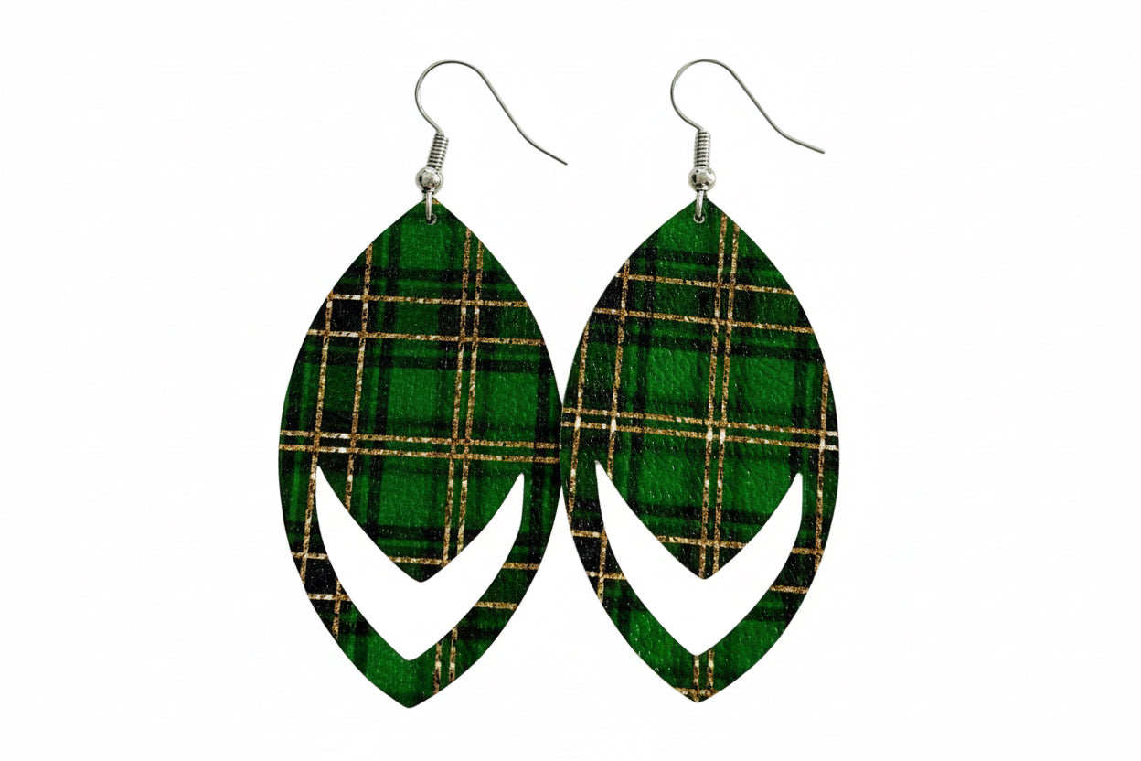 Green Christmas Plaid Dangle Earrings