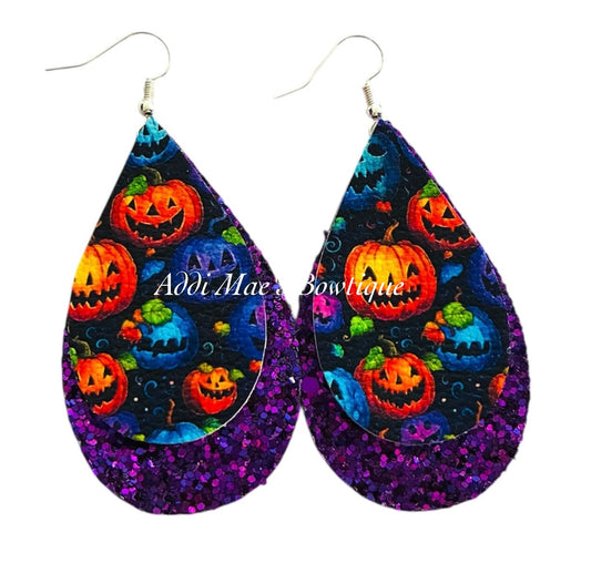 Jack O Lantern Bright Pumpkins Halloween Stacked Tear Drop Dangle Earrings