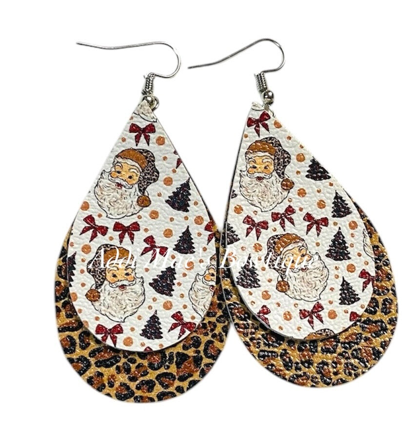 Leopard Santa Christmas Stacked Tear Drop Earrings