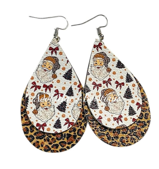 Leopard Santa Christmas Stacked Tear Drop Earrings