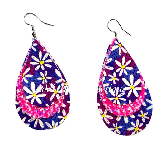 Daisies Stacked Tear Drop Dangle Earrings