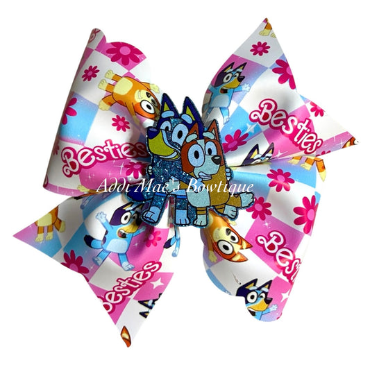 Besties Blue Cartoon Dog Bow