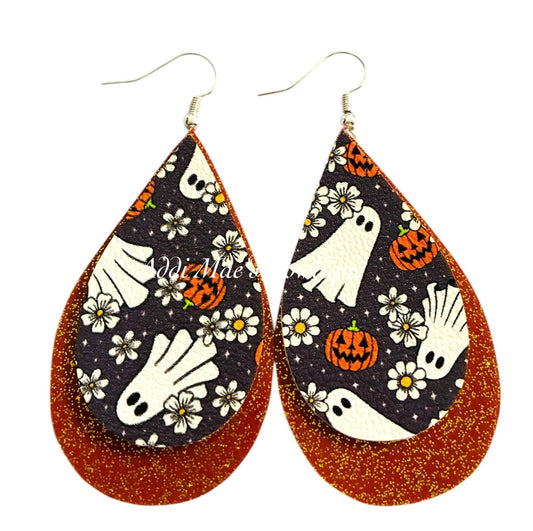 Daisy Ghosts Halloween Stacked Tear Drop Dangle Earrings