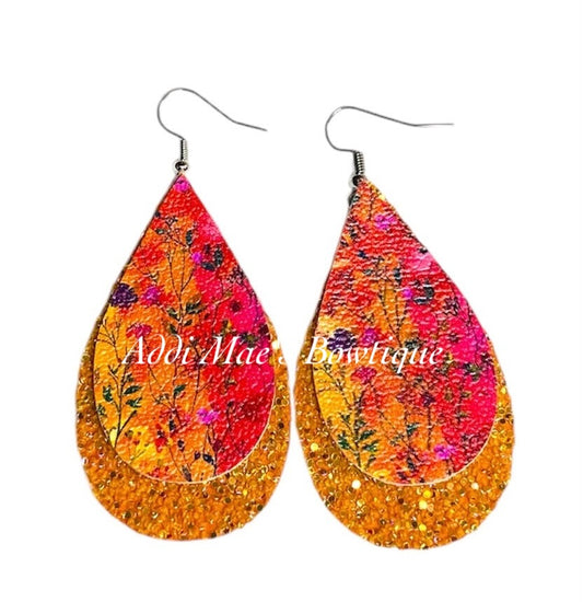 Rainbow Wild Flowers Stacked Tear Drop Dangle Earrings