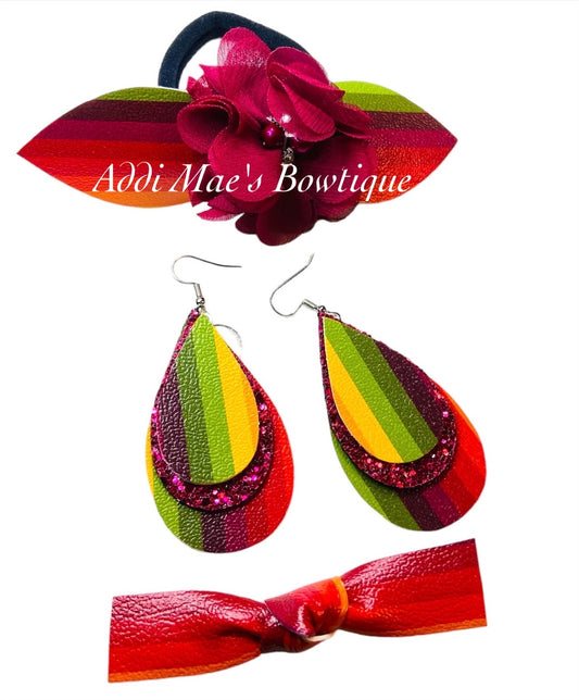 Fall Colors Top Knot Pony/Knot Clip/ Earrings Set