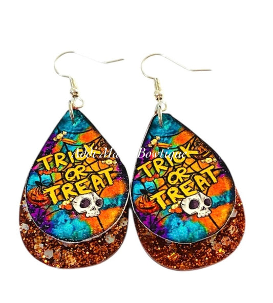 Trick Or Treat Glitter Resin & Faux Leather Halloween Dangle Earrings