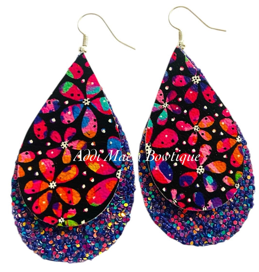 Rainbow Abstract Flowers Stacked Tear Drop Dangle Earrings