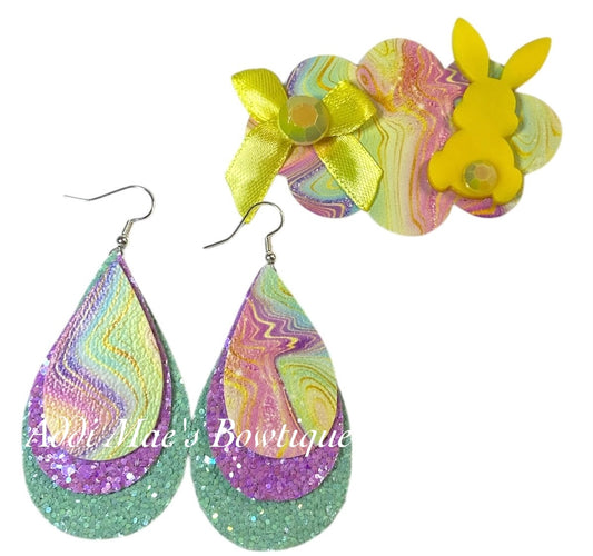 Pastel Easter Geode Acrylic Bunny 3” Snap Clip& Earrings Set