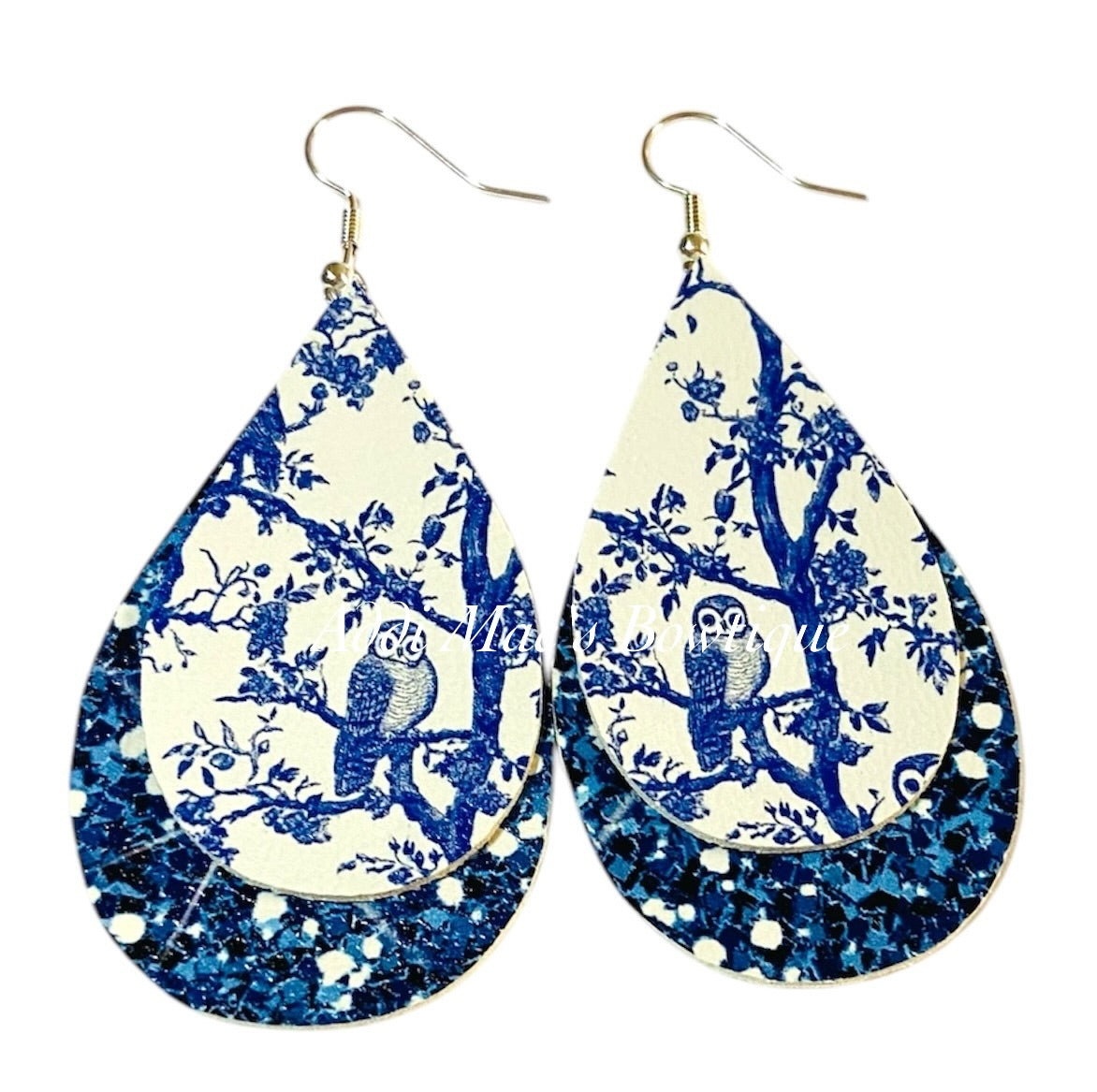 Woodland Toile Owl Stacked Tear Drop Dangle Earrings