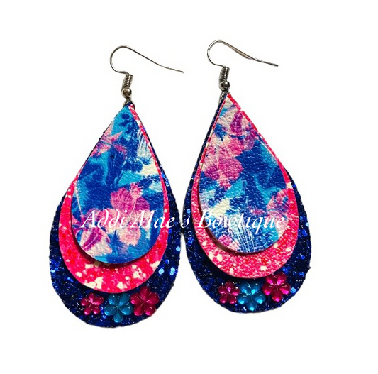 Tropical Flowers Stacked Tear Drop Dangle Earrings