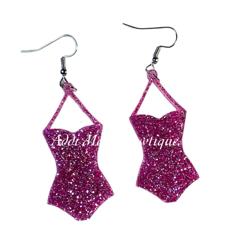 Pink Glitter Swimsuit Acrylic Dangle Earrings