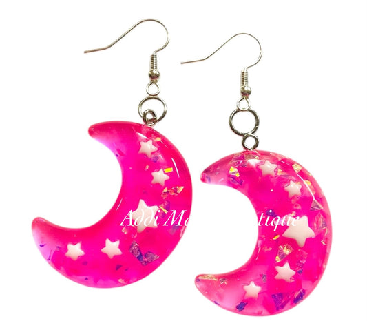 Pink Glitter Confetti Moon Dangle Earrings