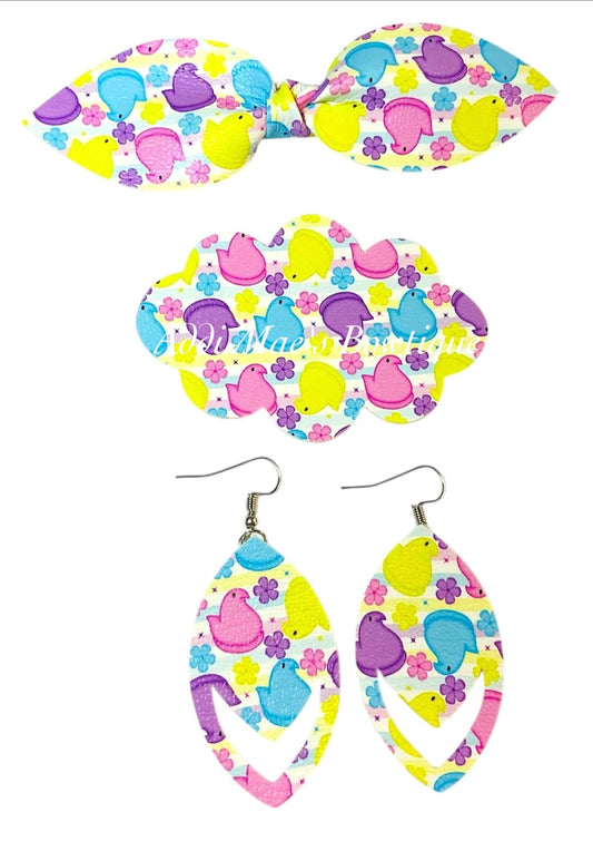 Easter Marshmallow Chicks Top Knot Clip, 3” Snap Clip, & Earrings Set