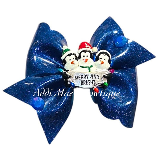 Merry and Bright Penguins Glossy Glitter Bow & Earrings Set