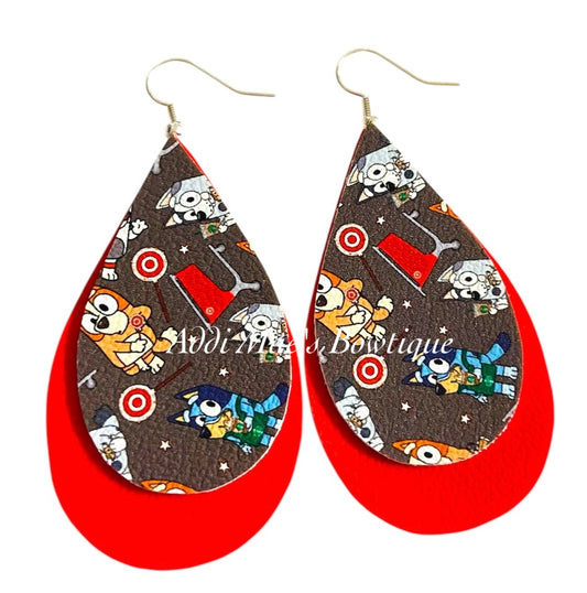 Blue Cartoon Dog Shopping Stacked Tear Drop Dangle Earrings