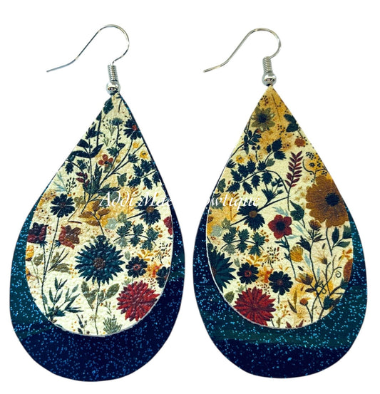 Fall Florals Blue Stacked Tear Drop Dangle Earrings