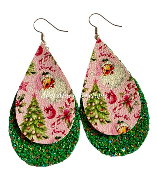 Pink Vintage Santa Stacked Tear Drop Earrings