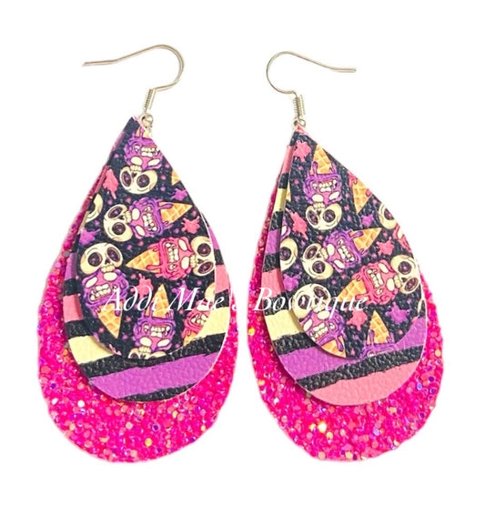Ice Cream Skulls Halloween Stacked Tear Drop Dangle Earrings