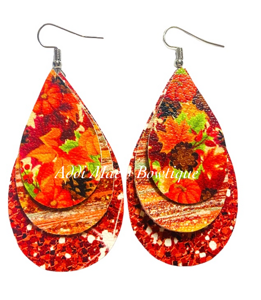 Fall Leaves Stacked Tear Drop Dangle Earrings