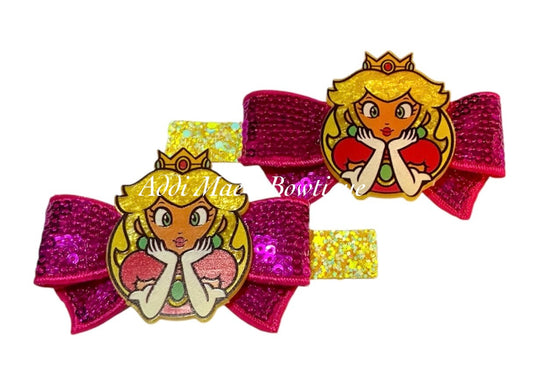 Peach Video Game Princess Sequin Bow Alligator Clip Set