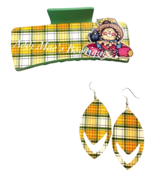 Fall Scarecrow Plaid XL Claw Clip Earring Set