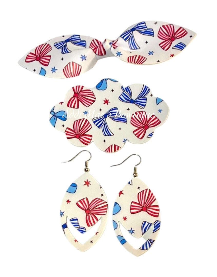 Red & Blue Bows Top Knot Clip, 3” Snap Clip, & Earrings Set
