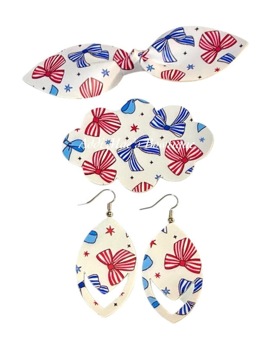 Red & Blue Bows Top Knot Clip, 3” Snap Clip, & Earrings Set