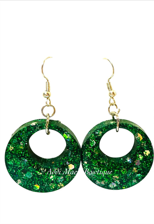 Green Glitter Resin Medium Circle Dangle Earrings