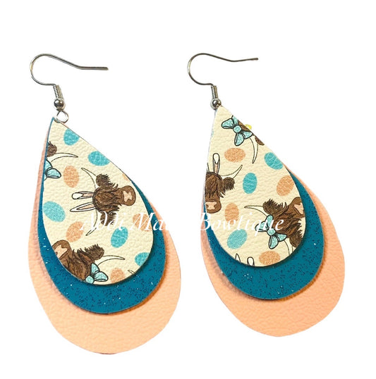 Easter Highland Cows Stacked Tear Drop Dangle Earrings