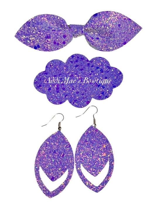 Purple Sparkle Glitter Top Knot Clip, 3” Snap Clip, & Earrings Set