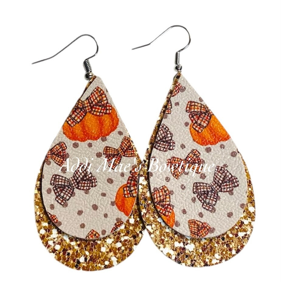 Brown Bow Pumpkins Stacked Tear Drop Dangle Earrings