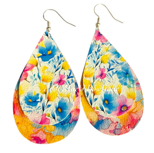 Bright Spring Wild Flowers Stacked Tear Drop Dangle Earrings