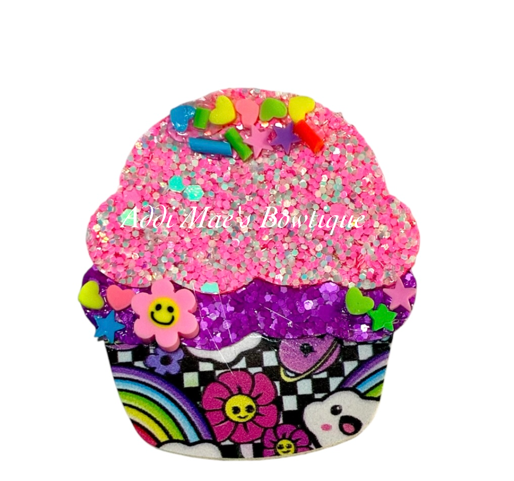 Checkered Rainbow Smiles Cupcake Clip