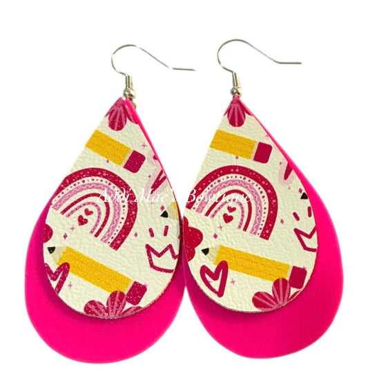 Pink School Rainbows Stacked Tear Drop Dangle Earrings