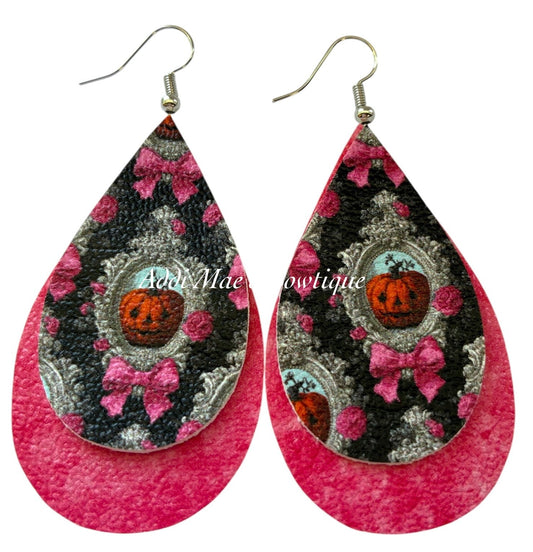 Framed Vintage Pumpkins Halloween Stacked Tear Drop Dangle Earrings