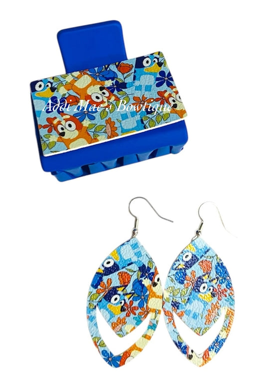 Blue Cartoon Dog Small Claw Clip Earring Set
