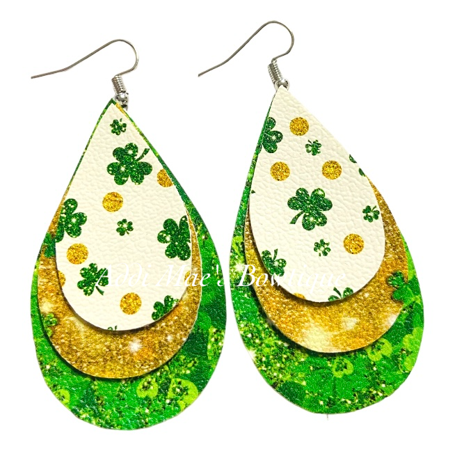 St Patrick’s Day Clovers Stacked Tear Drop Dangle Earrings