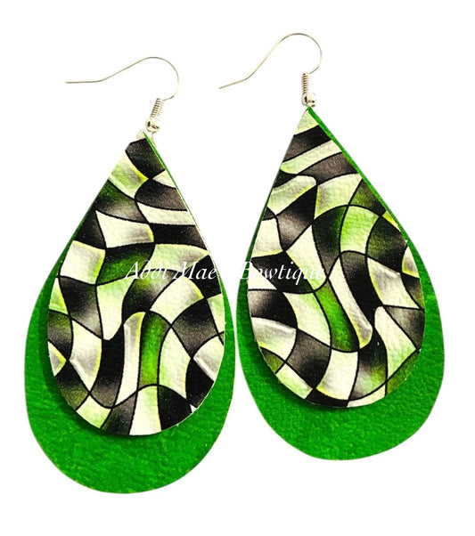 Beetle Green Hair Ghost Twisted Checkers  Halloween Stacked Tear Drop Dangle Earrings