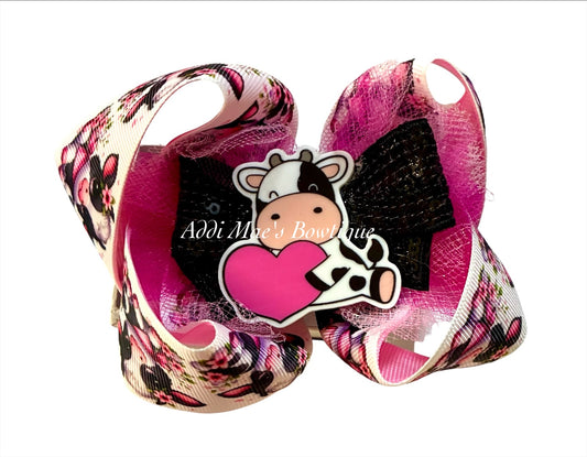 Pink Heart Cow Bow