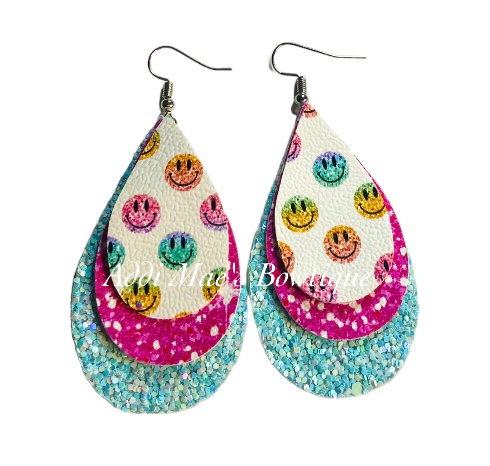 Sparkle Smiley Faces Stacked Tear Drop Dangle Earrings