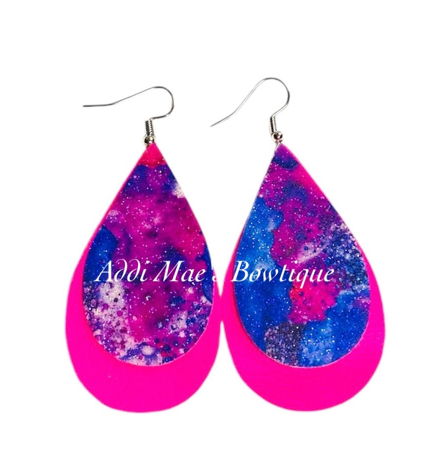Galaxy Pink & Purple Stacked Tear Drop Earrings