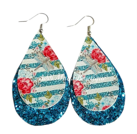 Striped Floral Dragonfly Stacked Tear Drop Dangle Earrings