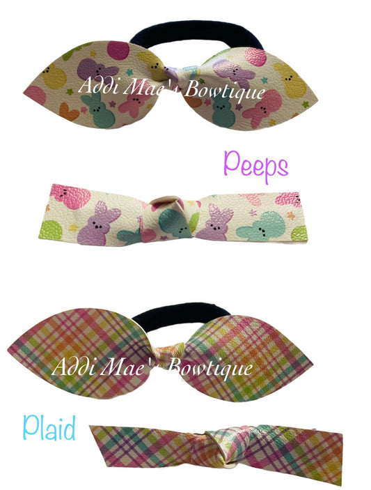 Easter Marshmallow Bunnies Spring Plaid Top Knot Pony, Knotted Clip Set